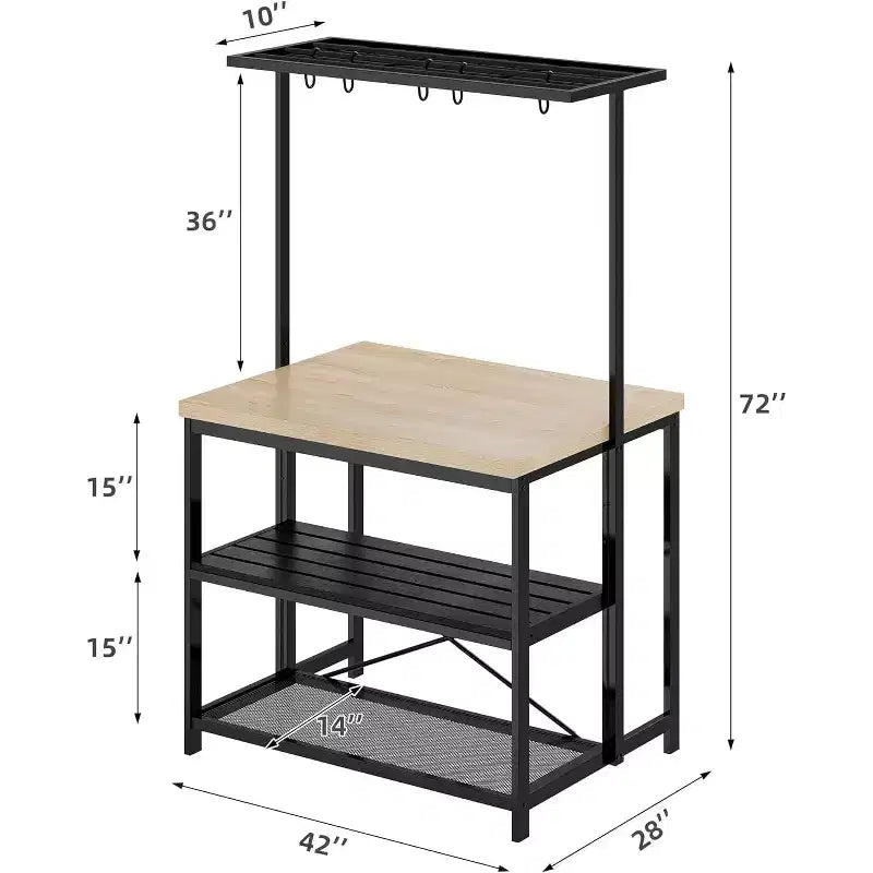 47in Kitchen Baker Rack with Power Outlet, 3 Shelves, 5 S-Hooks & Microwave Stand