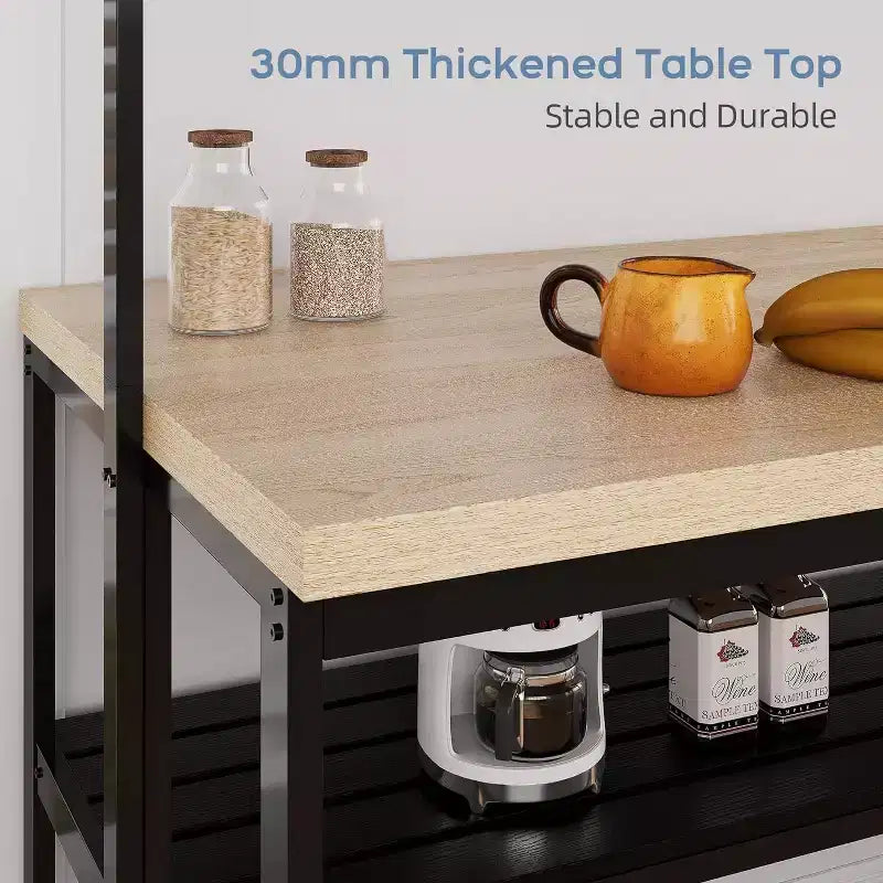 47in Kitchen Baker Rack with Power Outlet, 3 Shelves, 5 S-Hooks & Microwave Stand