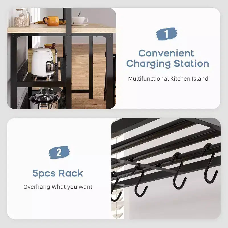 47in Kitchen Baker Rack with Power Outlet, 3 Shelves, 5 S-Hooks & Microwave Stand