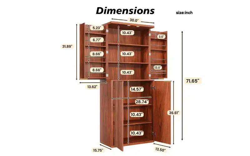 Fluted Tall Pantry Cabinet with 6 Shelves, Anti-Fall Device & 2 Doors – 72in Kitchen Storage