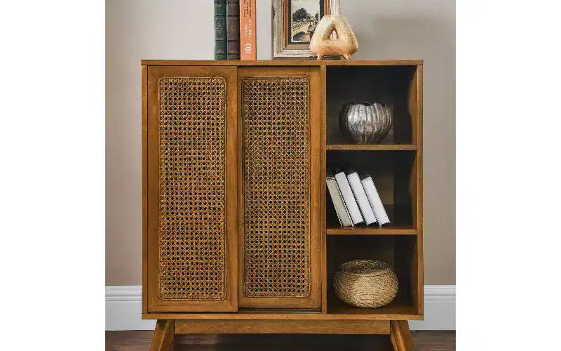 Modern Vintage Rattan Sideboard Cabinet – 3 Open Tiers, 2 Adjustable Shelves, Outlet Hole