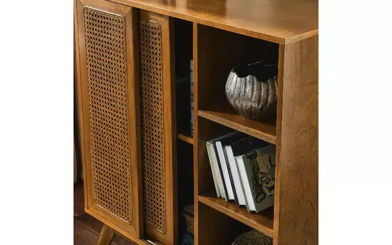 Modern Vintage Rattan Sideboard Cabinet – 3 Open Tiers, 2 Adjustable Shelves, Outlet Hole