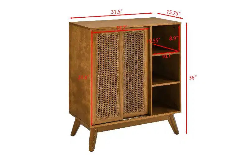 Modern Vintage Rattan Sideboard Cabinet – 3 Open Tiers, 2 Adjustable Shelves, Outlet Hole