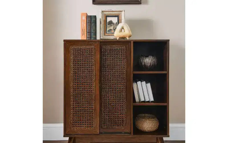 Modern Vintage Rattan Sideboard Cabinet – 3 Open Tiers, 2 Adjustable Shelves, Outlet Hole