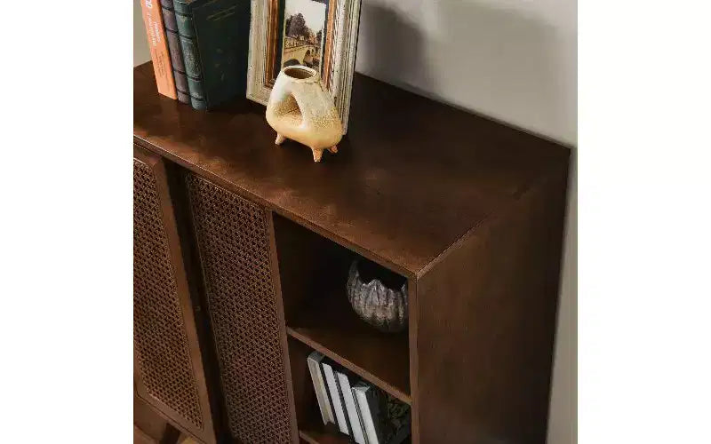 Modern Vintage Rattan Sideboard Cabinet – 3 Open Tiers, 2 Adjustable Shelves, Outlet Hole