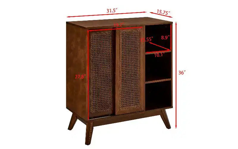 Modern Vintage Rattan Sideboard Cabinet – 3 Open Tiers, 2 Adjustable Shelves, Outlet Hole