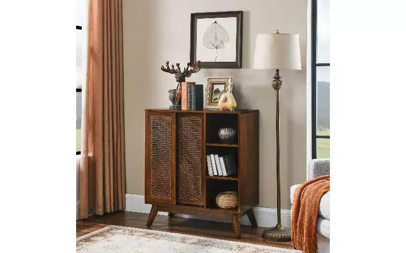 Modern Vintage Rattan Sideboard Cabinet – 3 Open Tiers, 2 Adjustable Shelves, Outlet Hole