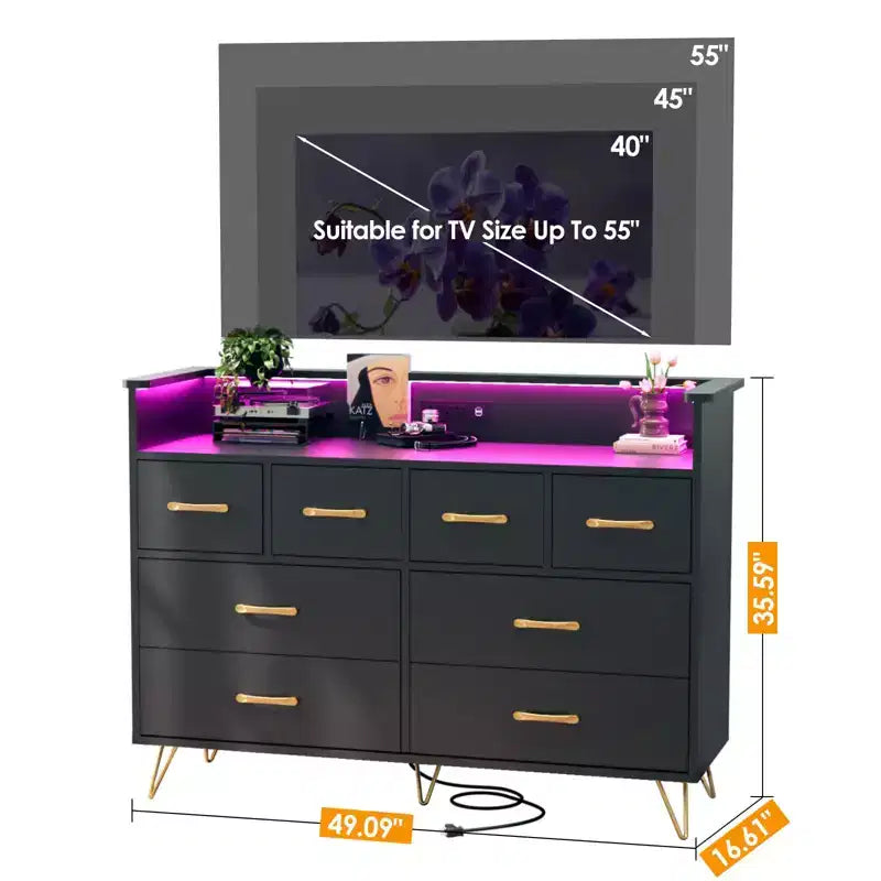 8-Drawer Dresser with LED Lights, Charging Station (3 AC + 2 USB) & Open Storage – White