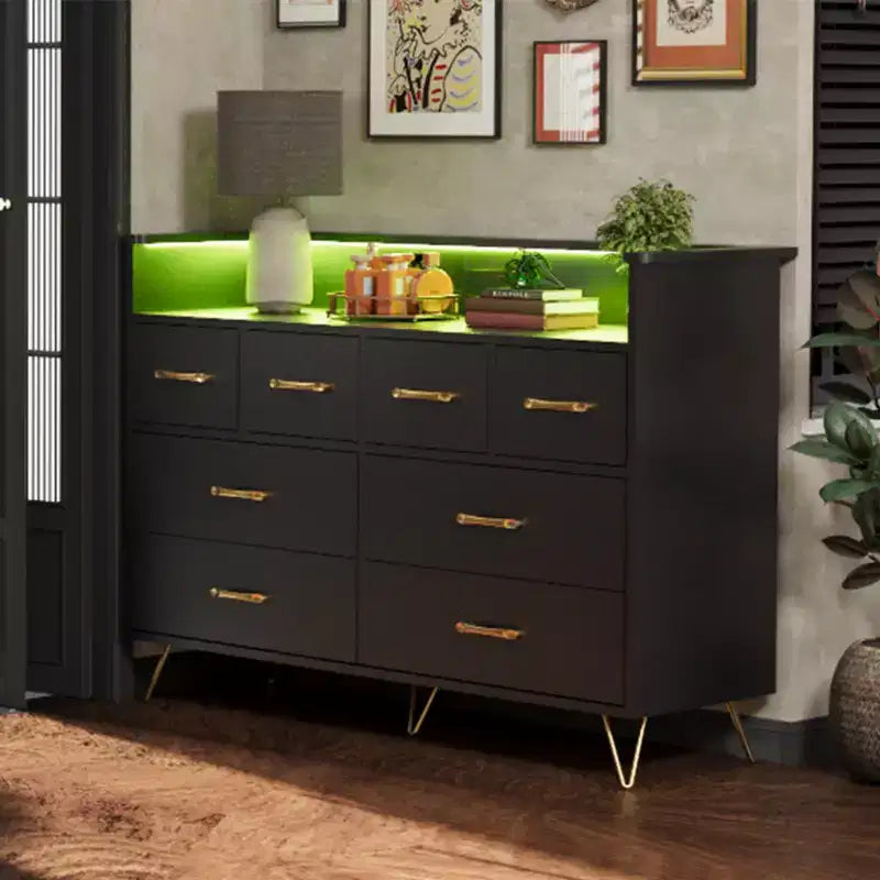8-Drawer Dresser with LED Lights, Charging Station (3 AC + 2 USB) & Open Storage – White