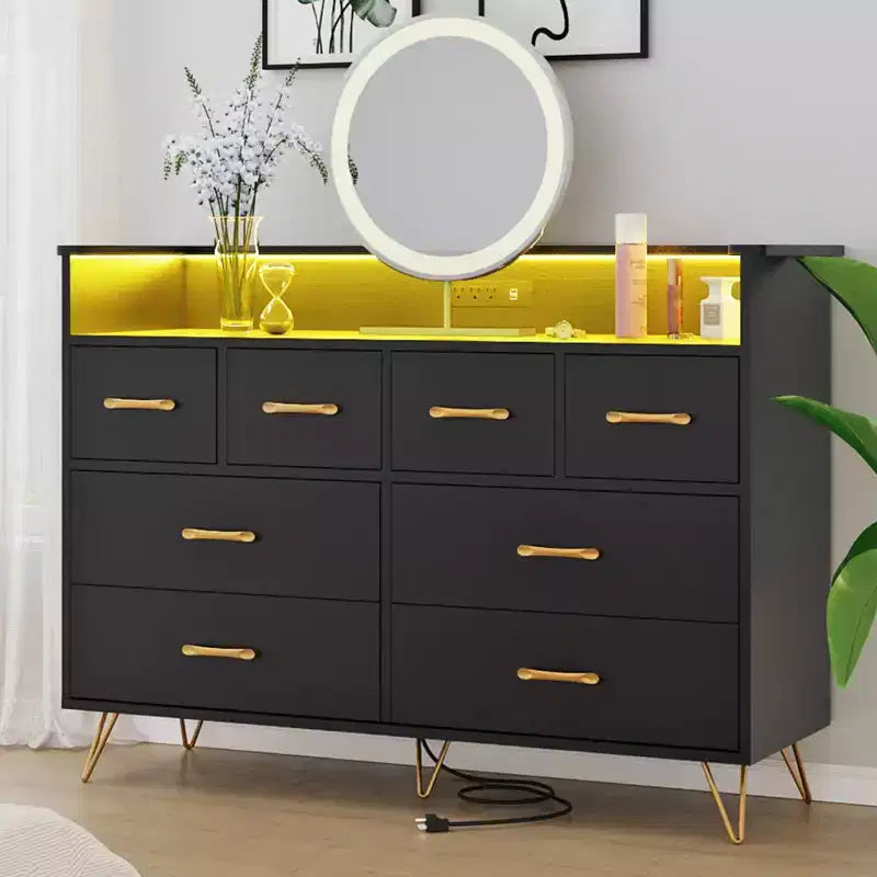 8-Drawer Dresser with LED Lights, Charging Station (3 AC + 2 USB) & Open Storage – White