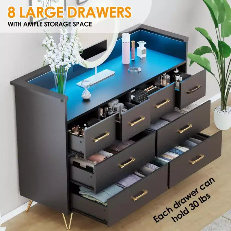 8-Drawer Dresser with LED Lights, Charging Station (3 AC + 2 USB) & Open Storage – White