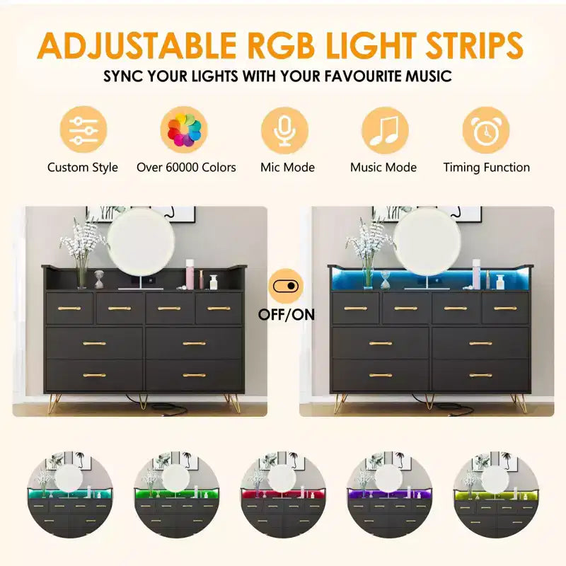 8-Drawer Dresser with LED Lights, Charging Station (3 AC + 2 USB) & Open Storage – White