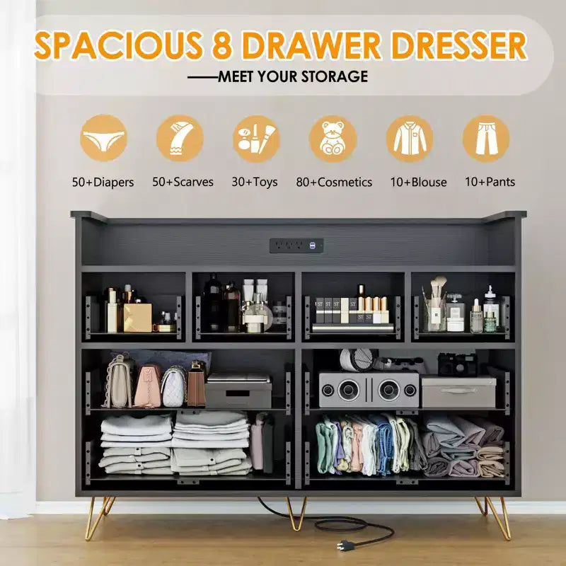 8-Drawer Dresser with LED Lights, Charging Station (3 AC + 2 USB) & Open Storage – White