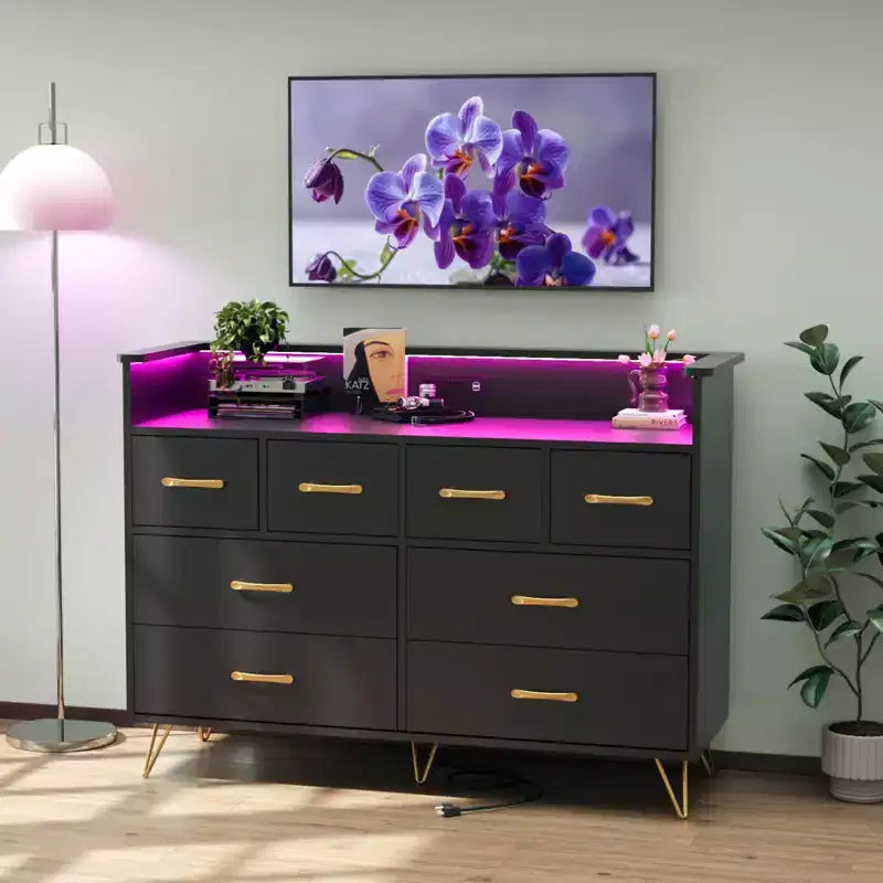 8-Drawer Dresser with LED Lights, Charging Station (3 AC + 2 USB) & Open Storage – White