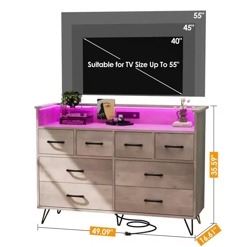 8-Drawer Dresser with LED Lights, Charging Station (3 AC + 2 USB) & Open Storage – White