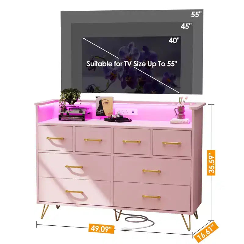 8-Drawer Dresser with LED Lights, Charging Station (3 AC + 2 USB) & Open Storage – White