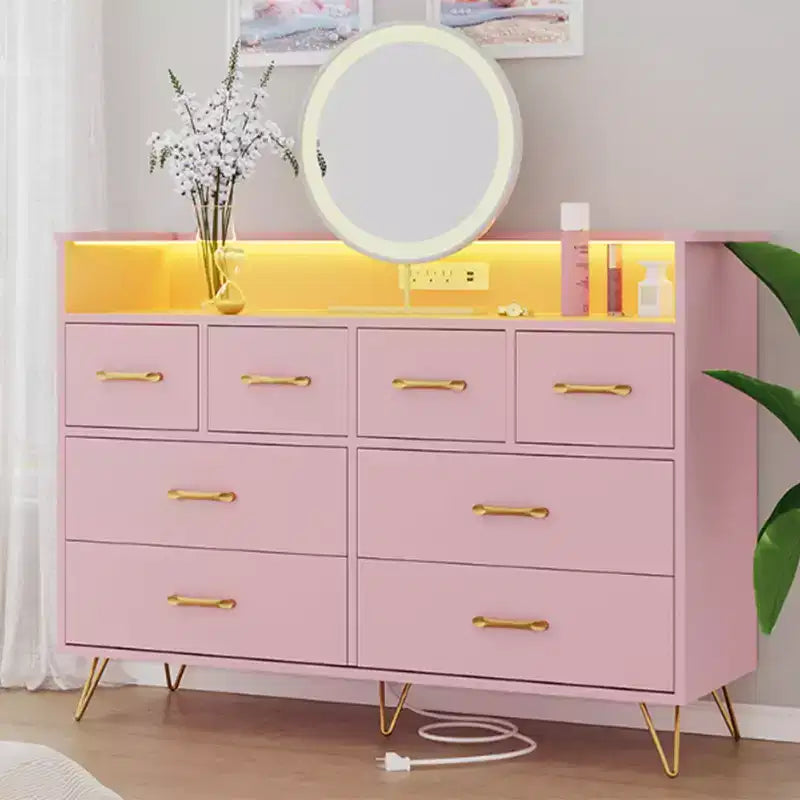8-Drawer Dresser with LED Lights, Charging Station (3 AC + 2 USB) & Open Storage – White