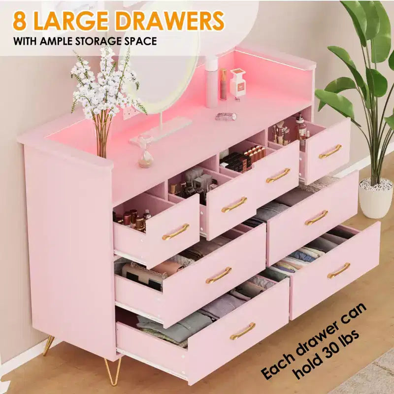 8-Drawer Dresser with LED Lights, Charging Station (3 AC + 2 USB) & Open Storage – White