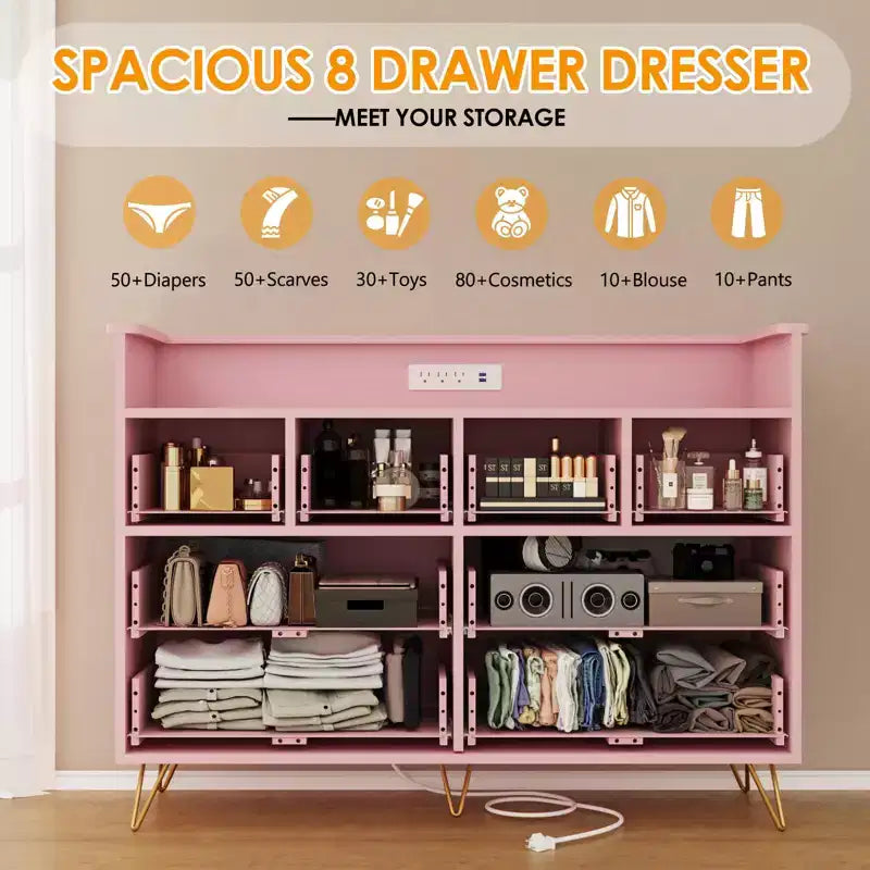 8-Drawer Dresser with LED Lights, Charging Station (3 AC + 2 USB) & Open Storage – White