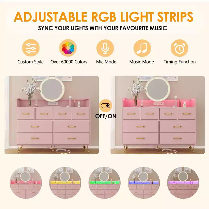 8-Drawer Dresser with LED Lights, Charging Station (3 AC + 2 USB) & Open Storage – White