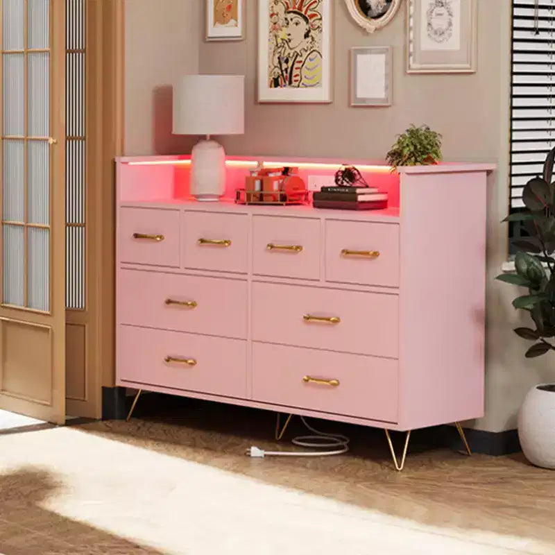 8-Drawer Dresser with LED Lights, Charging Station (3 AC + 2 USB) & Open Storage – White