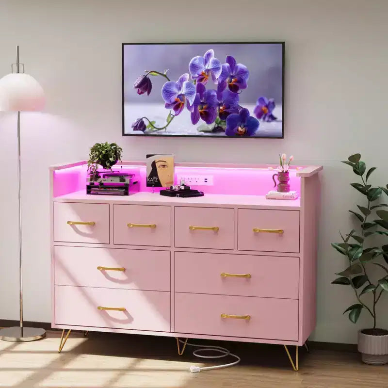 8-Drawer Dresser with LED Lights, Charging Station (3 AC + 2 USB) & Open Storage – White
