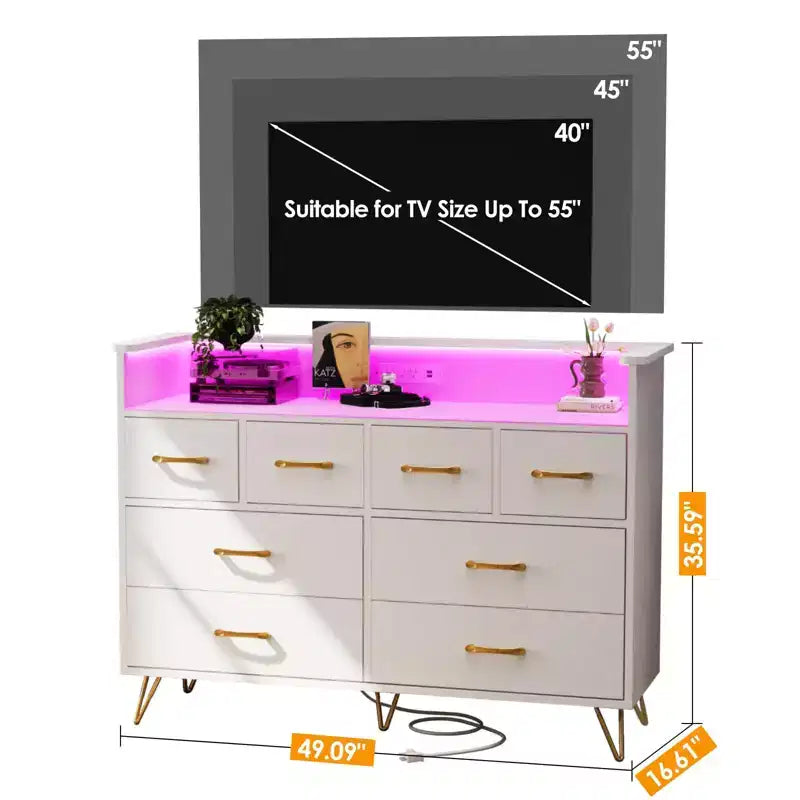 8-Drawer Dresser with LED Lights, Charging Station (3 AC + 2 USB) & Open Storage – White