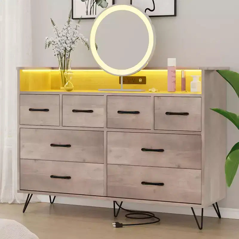 8-Drawer Dresser with LED Lights, Charging Station (3 AC + 2 USB) & Open Storage – White