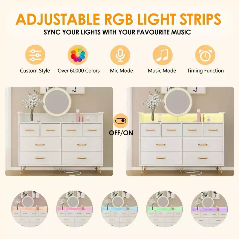 8-Drawer Dresser with LED Lights, Charging Station (3 AC + 2 USB) & Open Storage – White