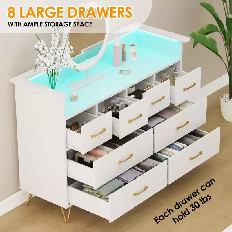 8-Drawer Dresser with LED Lights, Charging Station (3 AC + 2 USB) & Open Storage – White