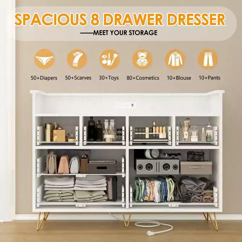 8-Drawer Dresser with LED Lights, Charging Station (3 AC + 2 USB) & Open Storage – White