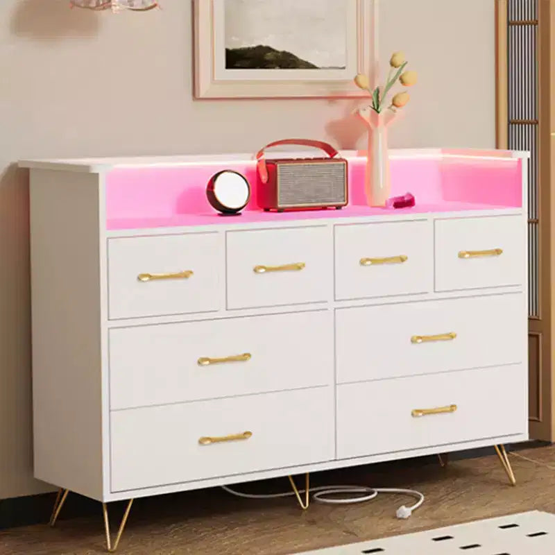 8-Drawer Dresser with LED Lights, Charging Station (3 AC + 2 USB) & Open Storage – White
