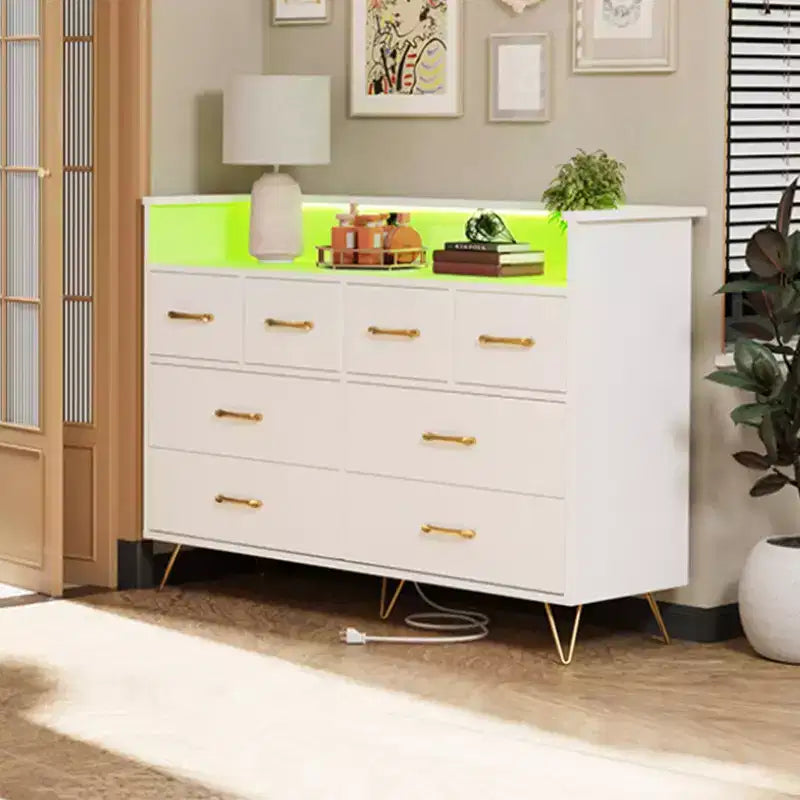 8-Drawer Dresser with LED Lights, Charging Station (3 AC + 2 USB) & Open Storage – White