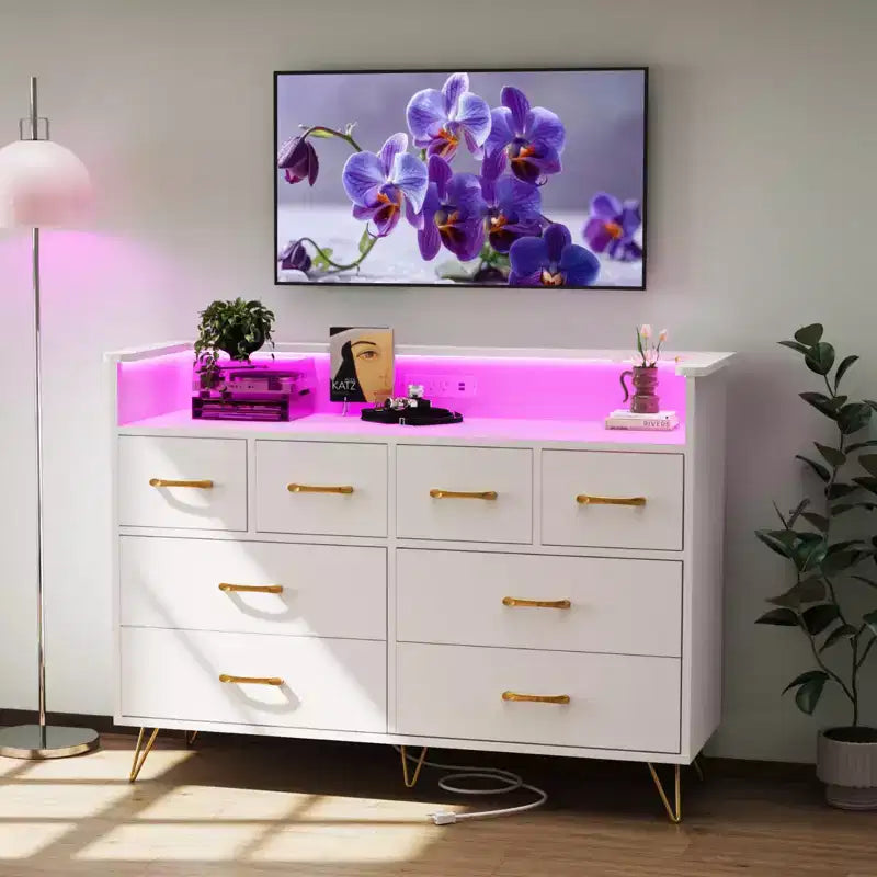 8-Drawer Dresser with LED Lights, Charging Station (3 AC + 2 USB) & Open Storage – White