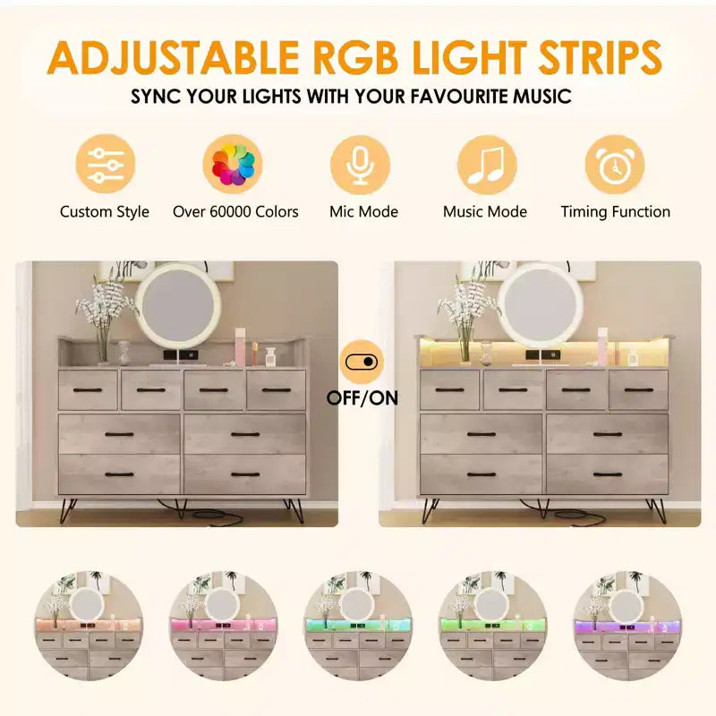 8-Drawer Dresser with LED Lights, Charging Station (3 AC + 2 USB) & Open Storage – White
