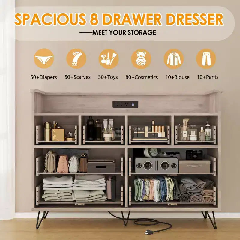8-Drawer Dresser with LED Lights, Charging Station (3 AC + 2 USB) & Open Storage – White
