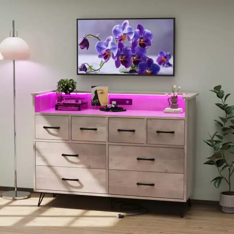 8-Drawer Dresser with LED Lights, Charging Station (3 AC + 2 USB) & Open Storage – White