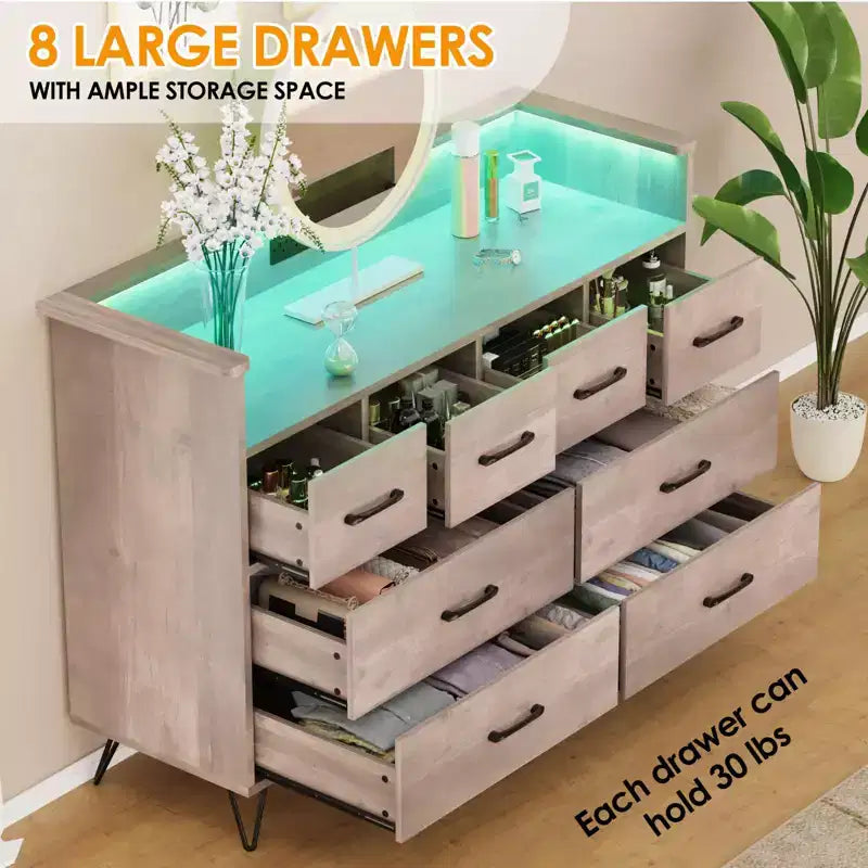 8-Drawer Dresser with LED Lights, Charging Station (3 AC + 2 USB) & Open Storage – White