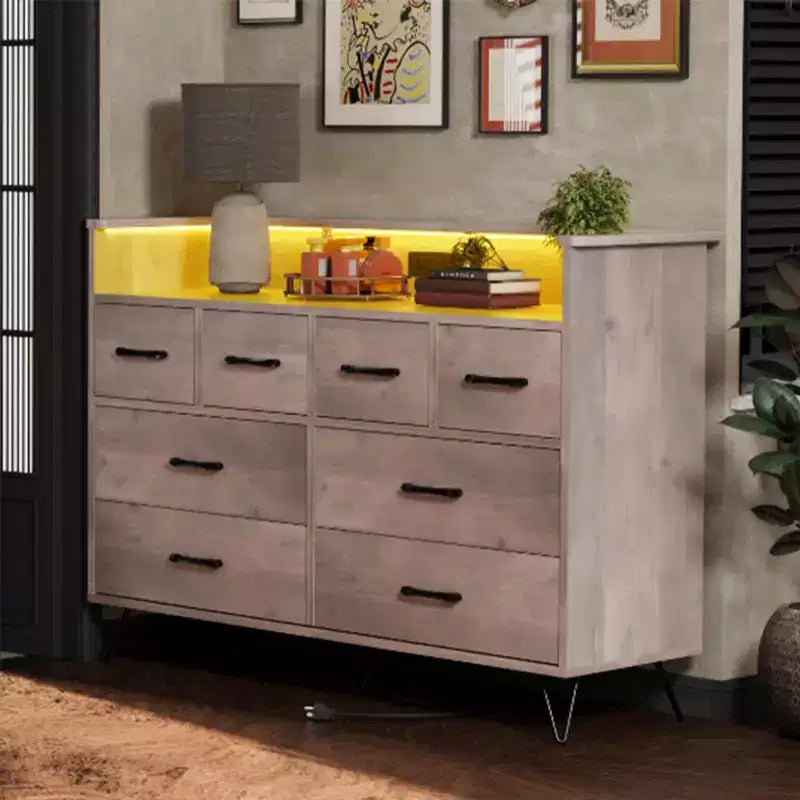 8-Drawer Dresser with LED Lights, Charging Station (3 AC + 2 USB) & Open Storage – White