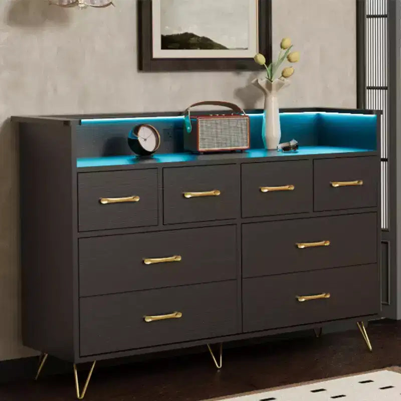 8-Drawer Dresser with LED Lights, Charging Station (3 AC + 2 USB) & Open Storage – White