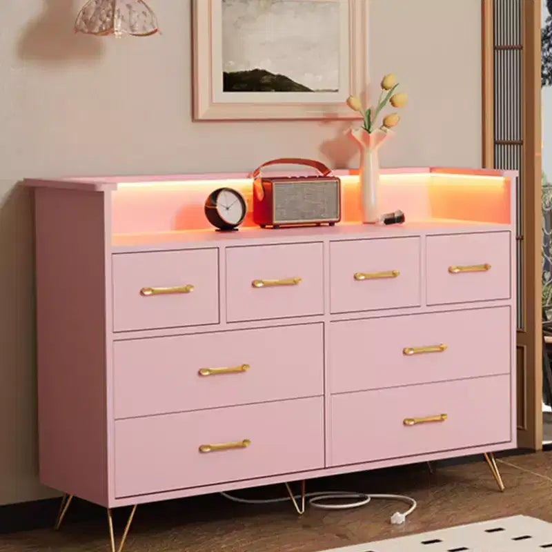 8-Drawer Dresser with LED Lights, Charging Station (3 AC + 2 USB) & Open Storage – White