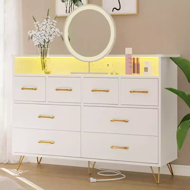 8-Drawer Dresser with LED Lights, Charging Station (3 AC + 2 USB) & Open Storage – White