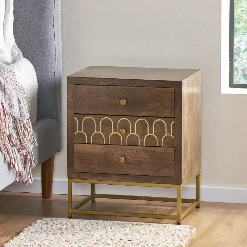Mango Wood Nightstand with 3 Drawers & Gold Iron Legs – Mid-Century Modern, Brown