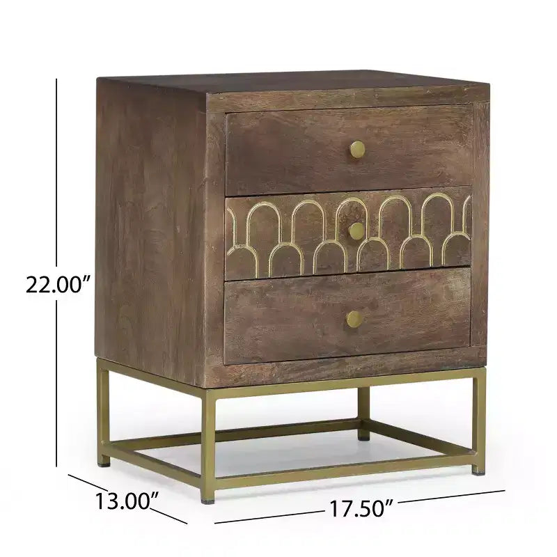 Mango Wood Nightstand with 3 Drawers & Gold Iron Legs – Mid-Century Modern, Brown