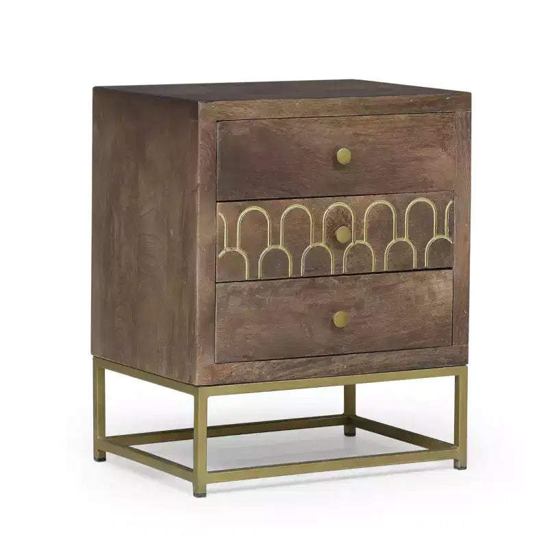 Mango Wood Nightstand with 3 Drawers & Gold Iron Legs – Mid-Century Modern, Brown