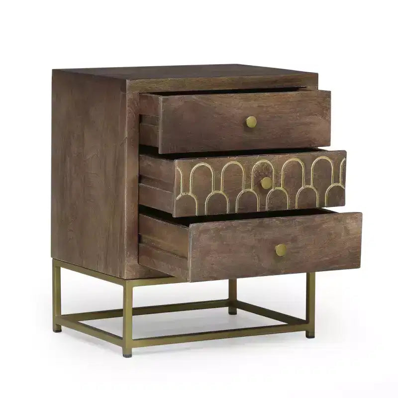 Mango Wood Nightstand with 3 Drawers & Gold Iron Legs – Mid-Century Modern, Brown