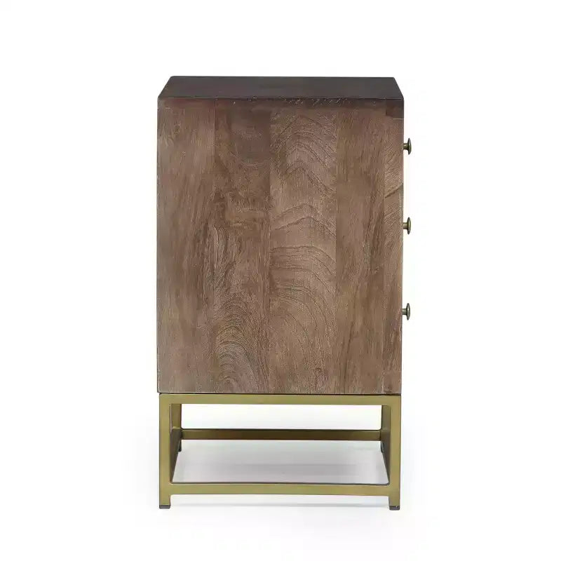 Mango Wood Nightstand with 3 Drawers & Gold Iron Legs – Mid-Century Modern, Brown