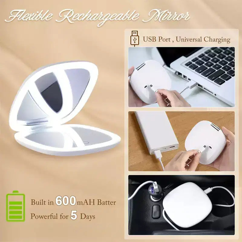5in LED Travel Makeup Mirror with 1X/10X Magnification, 30 LEDs, Foldable & Portable