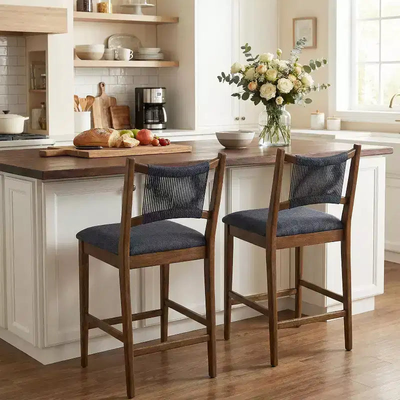 Set of 2 Modern Counter Stools with Woven Rope Backrest & Upholstered Seat – Rubberwood