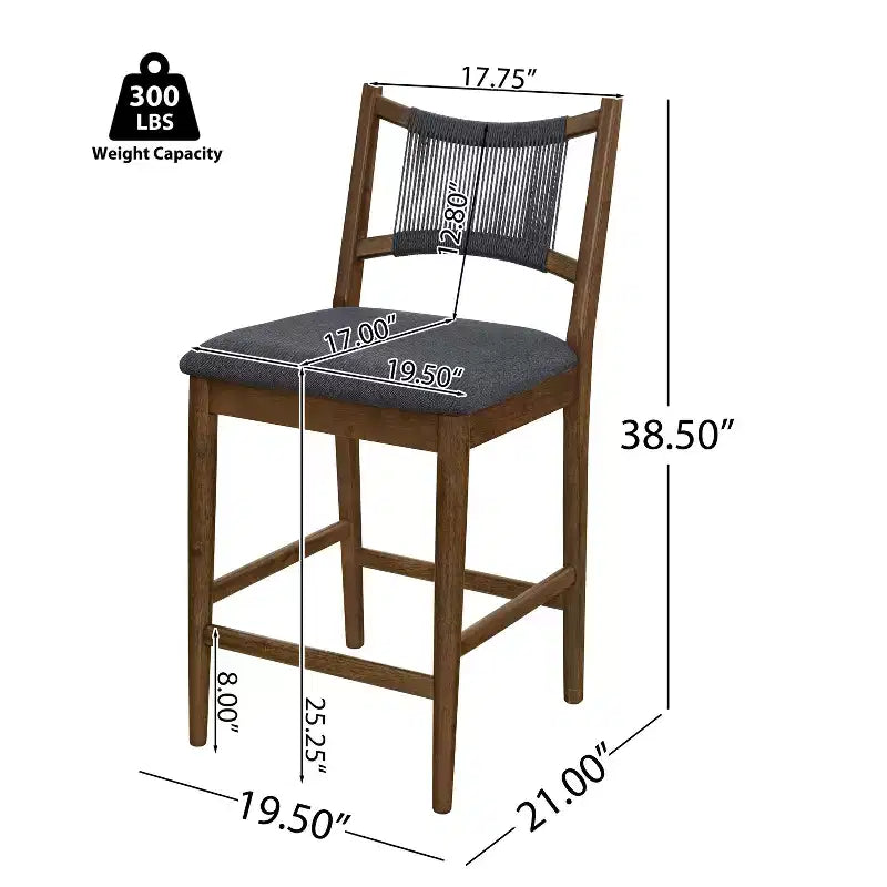 Set of 2 Modern Counter Stools with Woven Rope Backrest & Upholstered Seat – Rubberwood